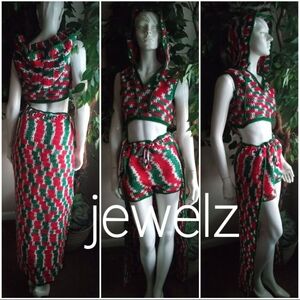 Red Green White Crochet Hooded Crop Top & Skirt Set